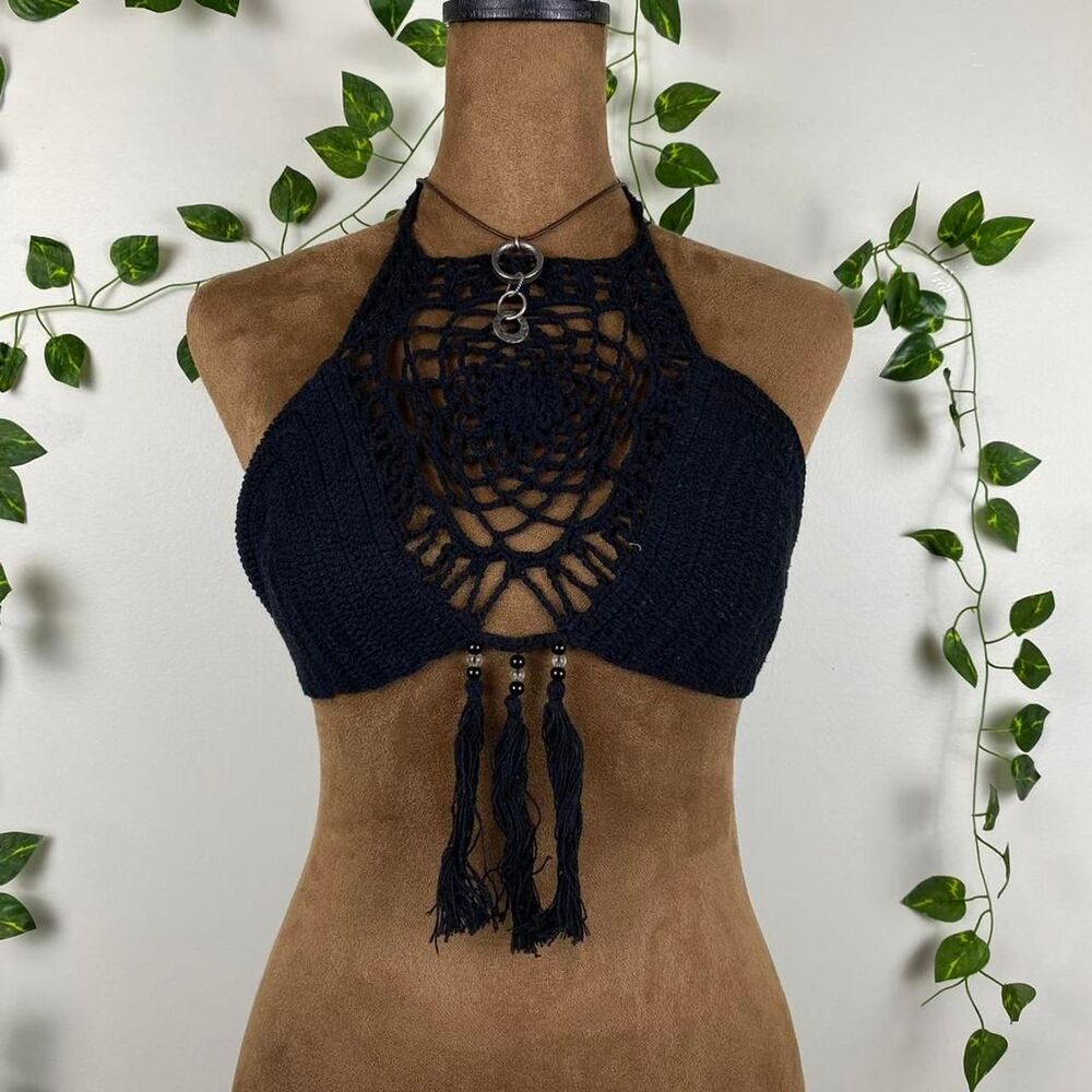 Lakhays black crochet dreamcatcher halter crop top beaded tassels witchy rave